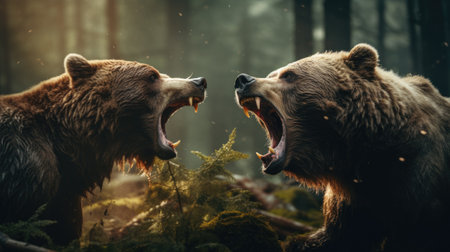 close-up portrait of two big brown bears fighting with mouthes open with teeth and paws with claws looking aggresiveの素材