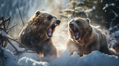 close-up portrait of two big brown bears fighting with mouthes open with teeth and paws with claws looking aggresiveの素材