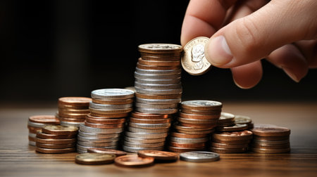 close-up stack of coins isolated with hand and finger touching pile of savingsの素材
