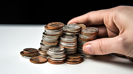 close-up stack of coins isolated with hand and finger touching pile of savingsの素材