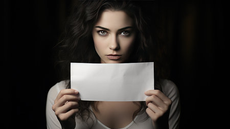 portrait of young woman holding white paper board with copy space isolatedの素材