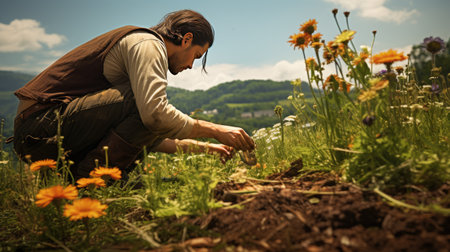 portrait of young man in vegetable garden working outside with land picking cropsの素材