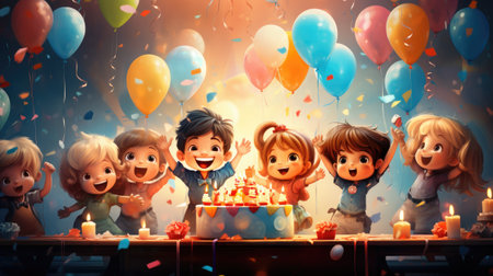 illustration of small happy children with balloons and cake at birthday party smillingの素材