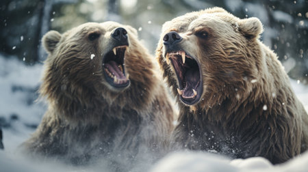 close-up portrait of two big brown bears fighting with mouthes open with teeth and paws with claws looking aggresiveの素材