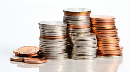 stack of metal coins change in a bunch isolated as a pileの素材