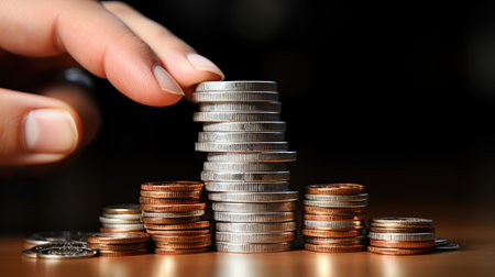 close-up stack of coins isolated with hand and finger touching pile of savingsの素材