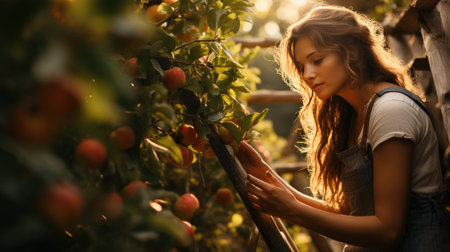 portrait of young woman in orchard picking apples from tree on ladder on a sunny dayの素材