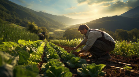 portrait of young man in vegetable garden working outside with land picking cropsの素材