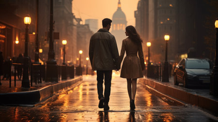 happy young couple holding hands on street while walking at sunsetの素材