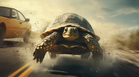 illustration of turtle driving car vehicle with speed on roadの素材