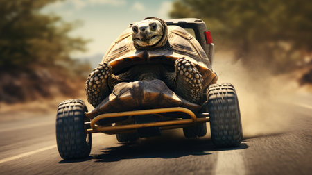 illustration of turtle driving car vehicle with speed on roadの素材