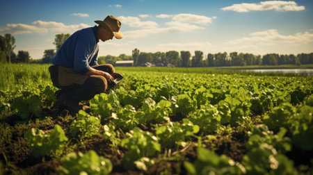 portrait of young man in vegetable garden working outside with land picking cropsの素材