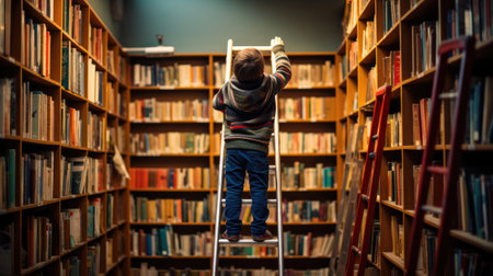 portrait of small schoolboy in librabry with ladder looking for books to readの素材
