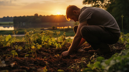 portrait of young man in vegetable garden working outside with land picking cropsの素材