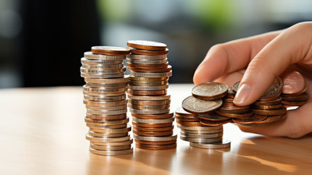 close-up stack of coins isolated with hand and finger touching pile of savingsの素材