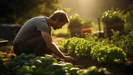 portrait of young man in vegetable garden working outside with land picking cropsの素材