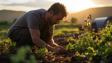 portrait of young man in vegetable garden working outside with land picking cropsの素材