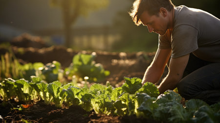 portrait of young man in vegetable garden working outside with land picking cropsの素材