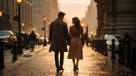 happy young couple holding hands on street while walking at sunsetの素材
