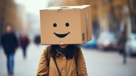 portrait of young woman with cartboar box on head with smile emoji symbolの素材