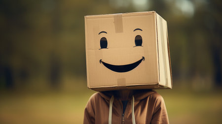 portrait of young woman with cartboar box on head with smile emoji symbolの素材