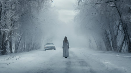 woman with broken car stuck on ice road with snow in winter looking worriedの素材