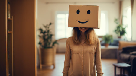 portrait of young woman with cartboar box on head with smile emoji symbolの素材