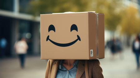 portrait of young woman with cartboar box on head with smile emoji symbolの素材