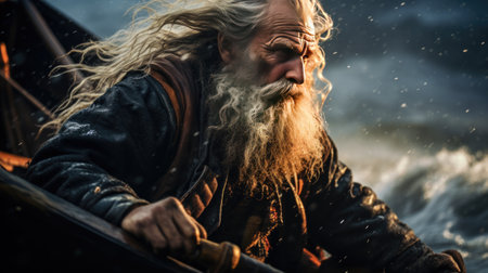 portrait of old man with beard at sea in small wooden boat at sunsetの素材