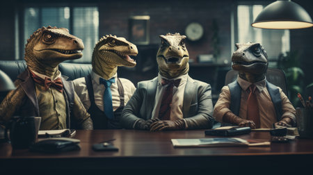 group portrait of reptilian dinosaurs wearing suites in officeの素材