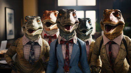 group portrait of reptilian dinosaurs wearing suites in officeの素材
