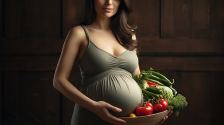 portrait of pregnant woman with big belly holding fresh vegetables concept of healthy eatingの素材