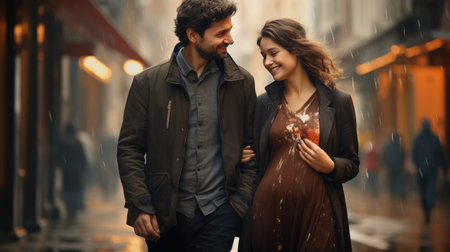 portrait of happy young couple with pregnant woman with big belly on urban street with sunlightの素材