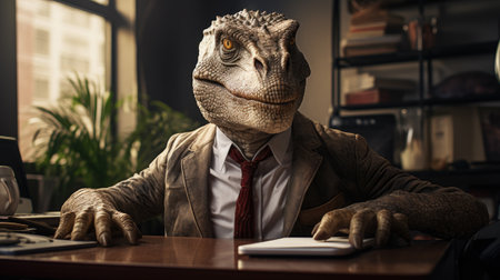 portrait of executive manager in office  as a reptile tyrannosaurus rex in suiteの素材