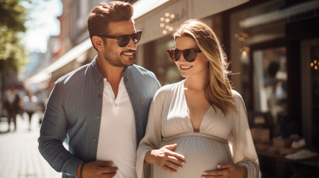 portrait of happy young couple with pregnant woman with big belly on urban street with sunlightの素材