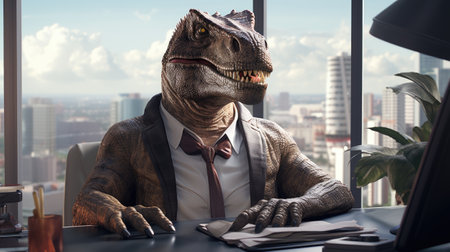 portrait of executive manager in office  as a reptile tyrannosaurus rex in suiteの素材