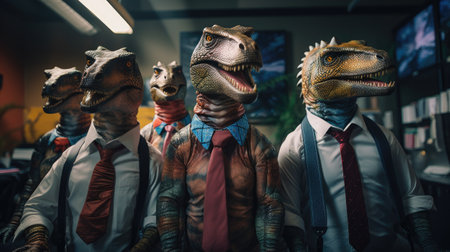 group portrait of reptilian dinosaurs wearing suites in officeの素材