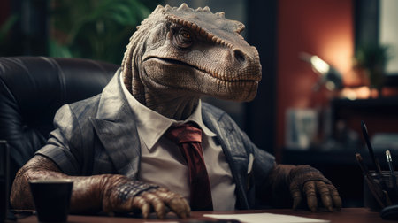 portrait of executive manager in office  as a reptile tyrannosaurus rex in suiteの素材