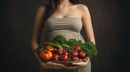 portrait of pregnant woman with big belly holding fresh vegetables concept of healthy eatingの素材