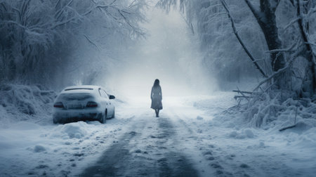 woman with broken car stuck on ice road with snow in winter looking worriedの素材