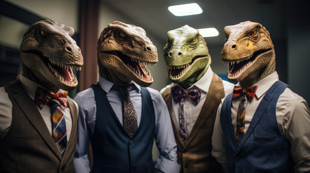 group portrait of reptilian dinosaurs wearing suites in officeの素材