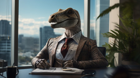 portrait of executive manager in office  as a reptile tyrannosaurus rex in suiteの素材
