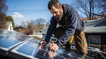 man worker on house roof installing solar pannel grid on sunny dayの素材