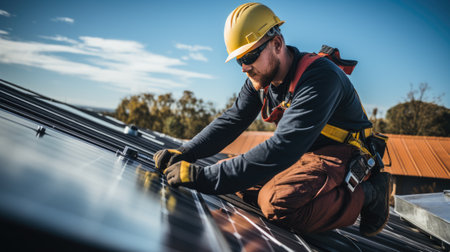 man worker on house roof installing solar pannel grid on sunny dayの素材