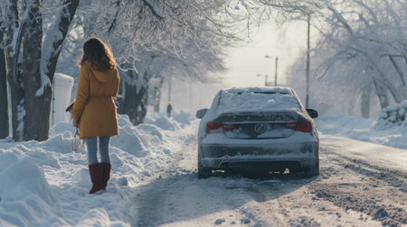 woman with broken car stuck on ice road with snow in winter looking worriedの素材