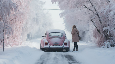 woman with broken car stuck on ice road with snow in winter looking worriedの素材