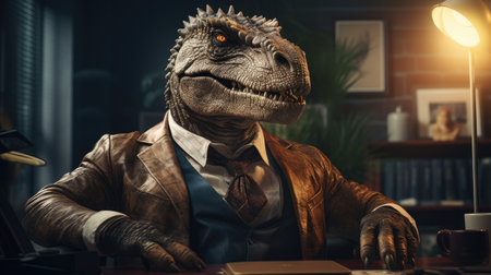 portrait of executive manager in office  as a reptile tyrannosaurus rex in suiteの素材