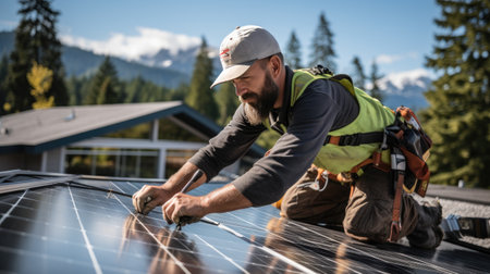 man worker on house roof installing solar pannel grid on sunny dayの素材