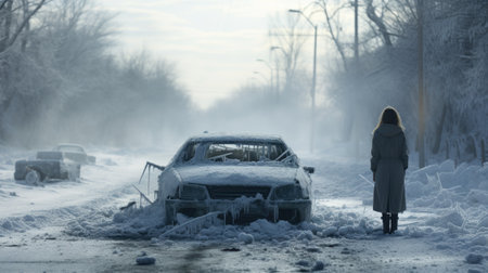 woman with broken car stuck on ice road with snow in winter looking worriedの素材