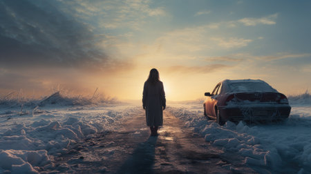 woman with broken car stuck on ice road with snow in winter looking worriedの素材